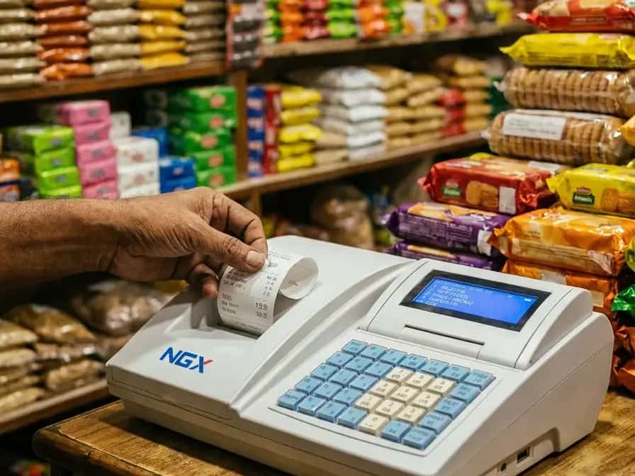 A shopkeeper tearing a GST bill from an NGX billing machine on a kirana store counter, shelves of groceries behind