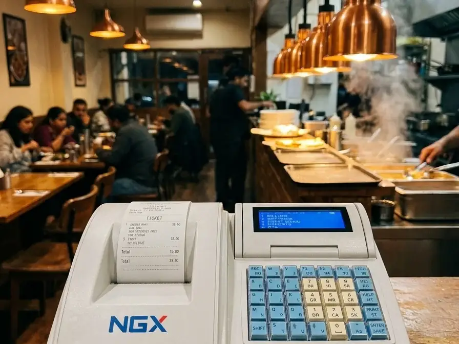 A billing machine for a restaurant printing a KOT and bill at a café counter