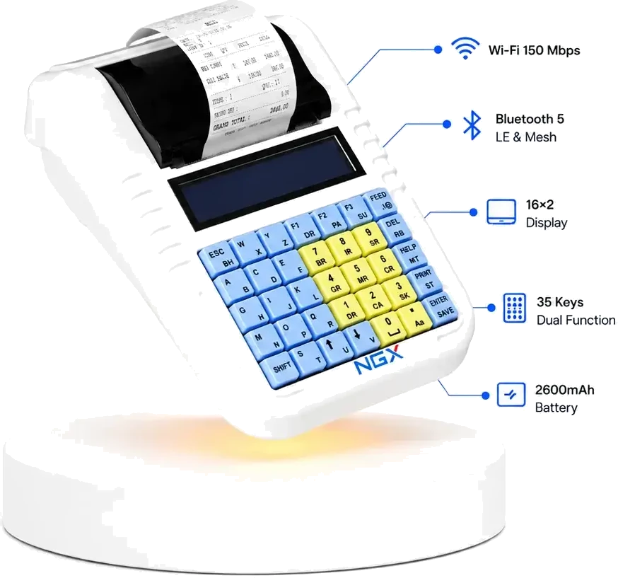 NGX Smart Pro Plus billing machine with Wi-Fi 150 Mbps, Bluetooth 5 LE and Mesh, 16×2 display, 35 dual-function keys and a 2600 mAh battery